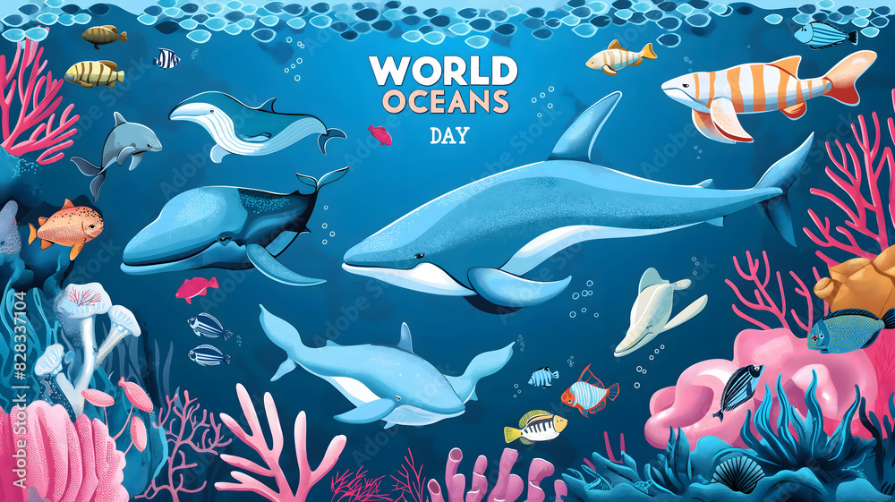 World oceans day illustration background, sea world animals and wildlife template