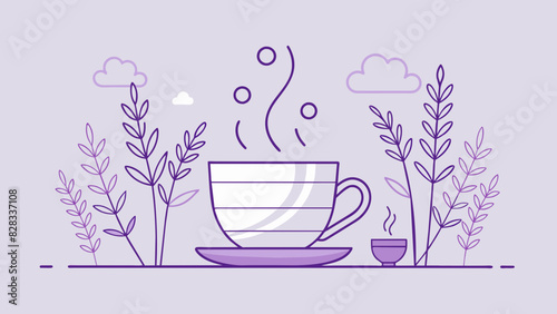 A minimalist line art design of a cup of tea steaming with calming lavender flowers beside it.