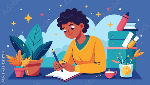 A whimsical vector of a person practicing gratitude, writing down things they are thankful for.