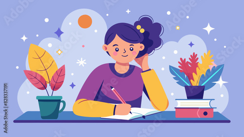 A whimsical vector of a person practicing gratitude, writing down things they are thankful for.