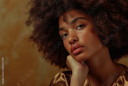 Headshot of beautiful young woman with afro hairstyle wearing brown satin top, looking away with hand on chin. Close up of face. Brown background