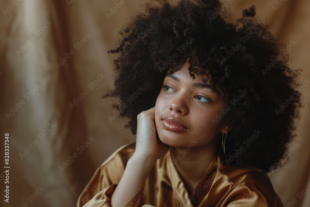 Headshot of beautiful young woman with afro hairstyle wearing brown satin top, looking away with hand on chin. Close up of face. Brown background Headshot of beautiful young woman with afro hairstyle wearing brown satin top, looking away with hand on chin. Close up of face. Brown background