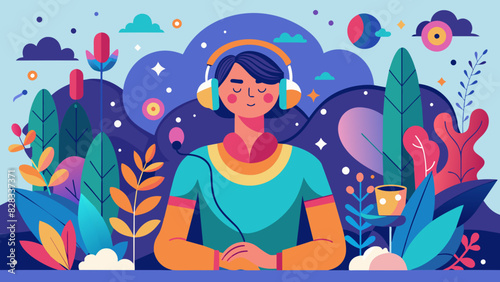 A colorful illustration of a person listening to calming music with headphones on.