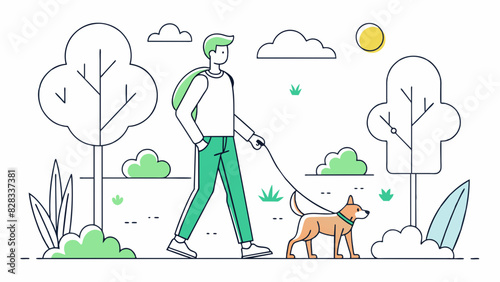 A minimalist line art design of a person walking their dog in a scenic park.
