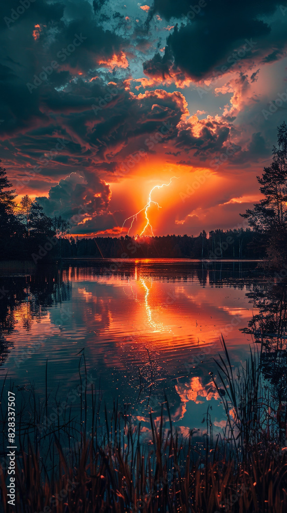 An awe-inspiring shot of lightning striking near a calm lake, reflections of the bolts in the water An awe-inspiring shot of lightning striking near a calm lake, reflections of the bolts in the water