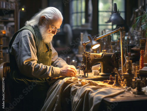 Elderly tailor working on sewing machine in a warm-lit, cozy room, with vintage ambiance. Generative AI