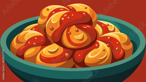 Warm buttery garlic knots dipped into chunky marinara sauce.. Vector illustration