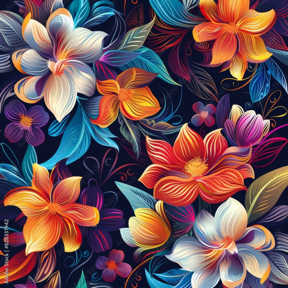 Obraz premium Vibrant Floral Patterns on a Dark Background