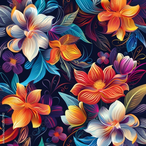 Vibrant Floral Patterns on a Dark Background