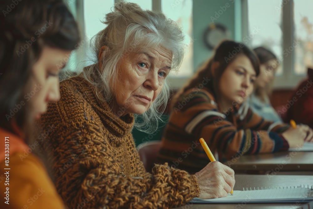 Thoughtful mature woman sitting at the desk and writing a test. Group of mature adult female and male students sitting in the classroom 