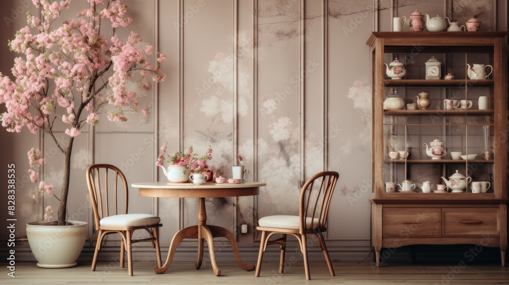 Elegant tea room with wooden furniture, cherry blossom decor, and vintage cabinets. Perfect blend of rustic charm and delicate aesthetics. Elegant tea room with wooden furniture, cherry blossom decor, and vintage cabinets. Perfect blend of rustic charm and delicate aesthetics.