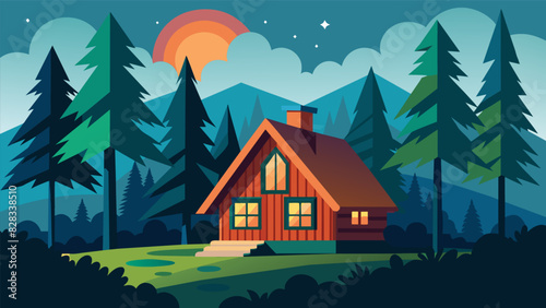 A cozy cabin in the woods becomes the perfect setting for senior citizens to disconnect from the hustle and bustle of daily life and reconnect with their inner peace.. Vector illustration