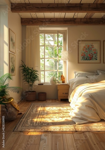 Warm and Inviting Scandinavian Bedroom with Plants and Wooden Accents