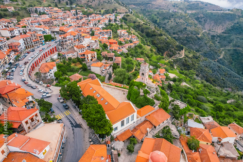Aerial view of the town Arachova, Greece, near Parnassus mountain and Temple of Delphi. photo