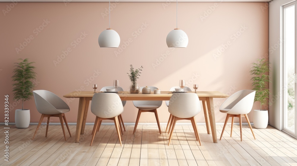 Modern dining room with minimalist decor featuring wooden table, white chairs, pendant lights, and green plants against a beige wall. Modern dining room with minimalist decor featuring wooden table, white chairs, pendant lights, and green plants against a beige wall.