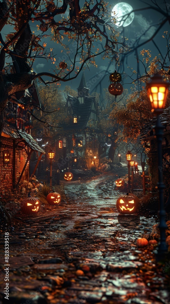 Spooky Halloween Village Street with Pumpkins