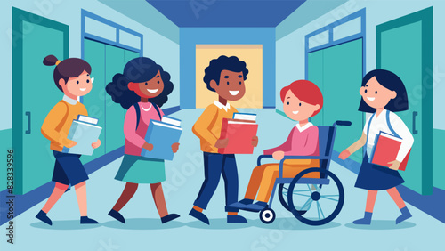 A line of walkers and wheelchairs make their way down the school hallway each equipped with a stack of books and a smile as they head to their designated classrooms.. Vector illustration