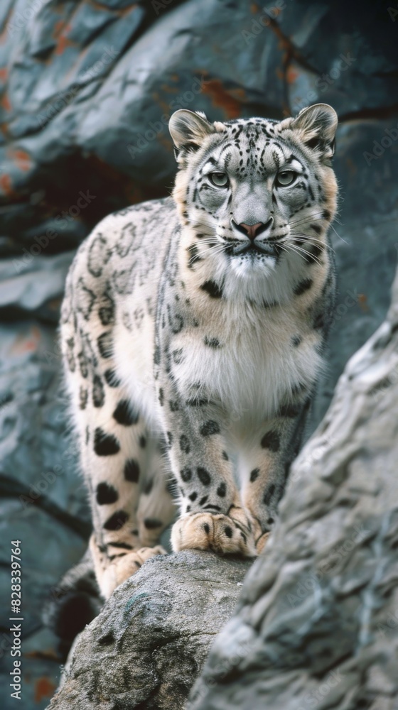 Snow leopard standing on a rock in the wild Snow leopard standing on a rock in the wild