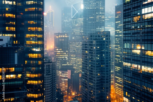 Night lights illuminate the urban cityscape of towering skyscrapers in a bustling downtown