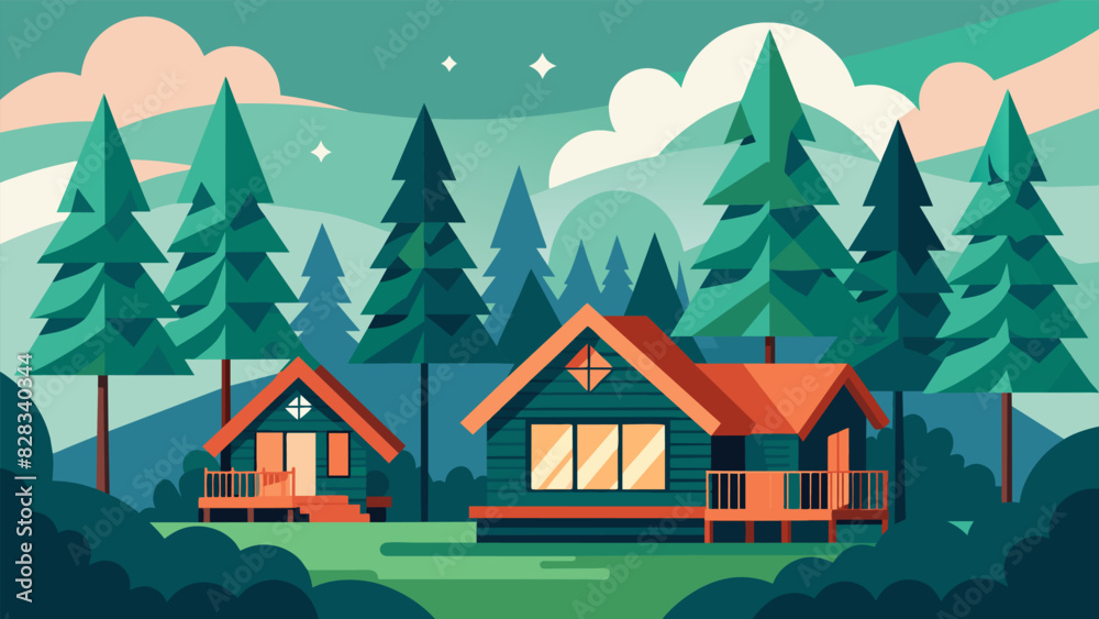 The retreats cozy cabins are nestled a the trees providing a comfortable and natural abode for guests to relax and disconnect.. Vector illustration The retreats cozy cabins are nestled a the trees providing a comfortable and natural abode for guests to relax and disconnect.. Vector illustration