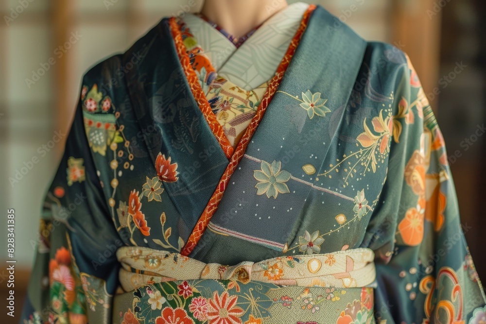 Elegant Japanese Geisha in Traditional Kimono with Floral Motifs Elegant Japanese Geisha in Traditional Kimono with Floral Motifs