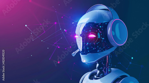 A robot wearing headphones with glowing pink eyes and a glowing pink circuit board pattern on its face.

 photo