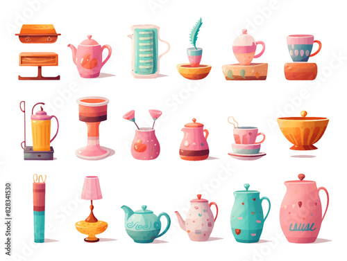 Ceramic vases collection. Colored ceramics vase objects, antique pottery cups with flowers, floral and abstract patterns isolated on white vector illustration