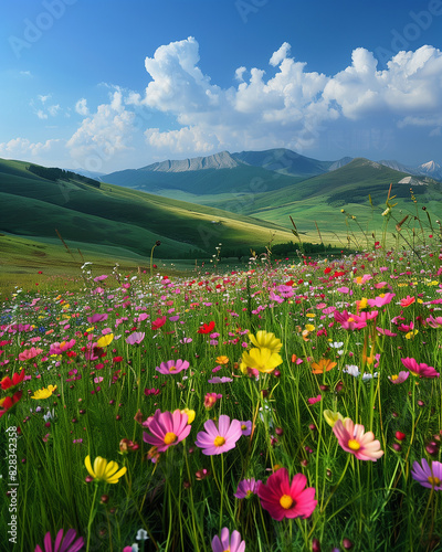 there is a field of flowers with mountains in the background