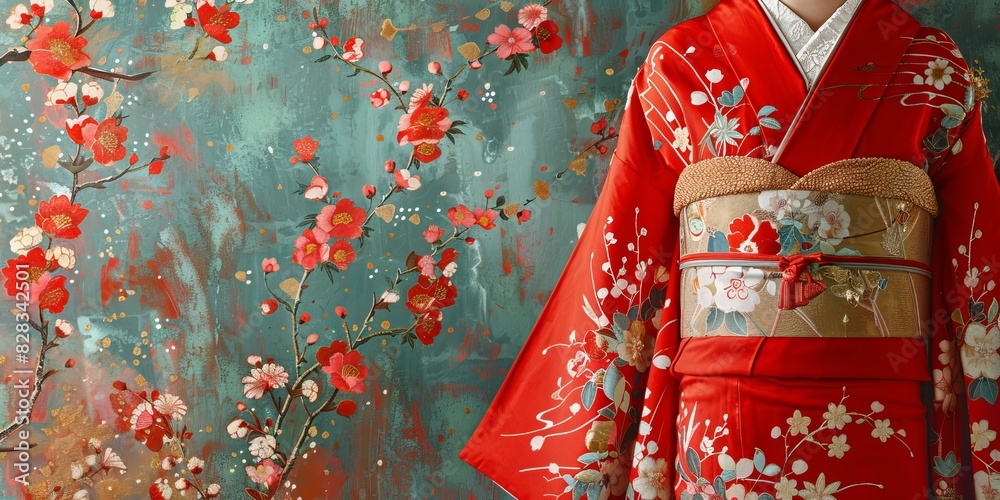 A woman wearing a red kimono with floral patterns stands in front of a blue background with pink and white flowers. A woman wearing a red kimono with floral patterns stands in front of a blue background with pink and white flowers.
