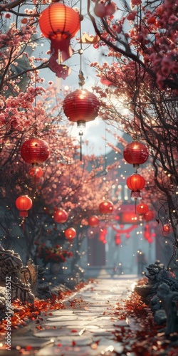 Chinese New Year Festivities Decorated with Red Lanterns and Cherry Blossoms in City Street Night Scene with Buildings