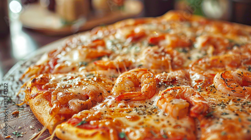 Delicious shrimp pizza topped with herbs and cheese.