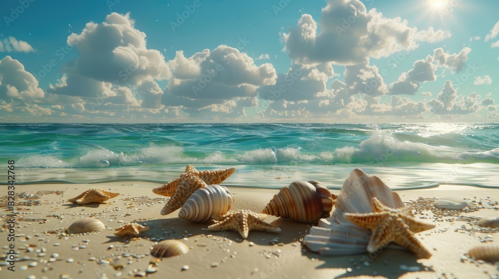 A beach scene with a large body of water and a few starfish A beach scene with a large body of water and a few starfish