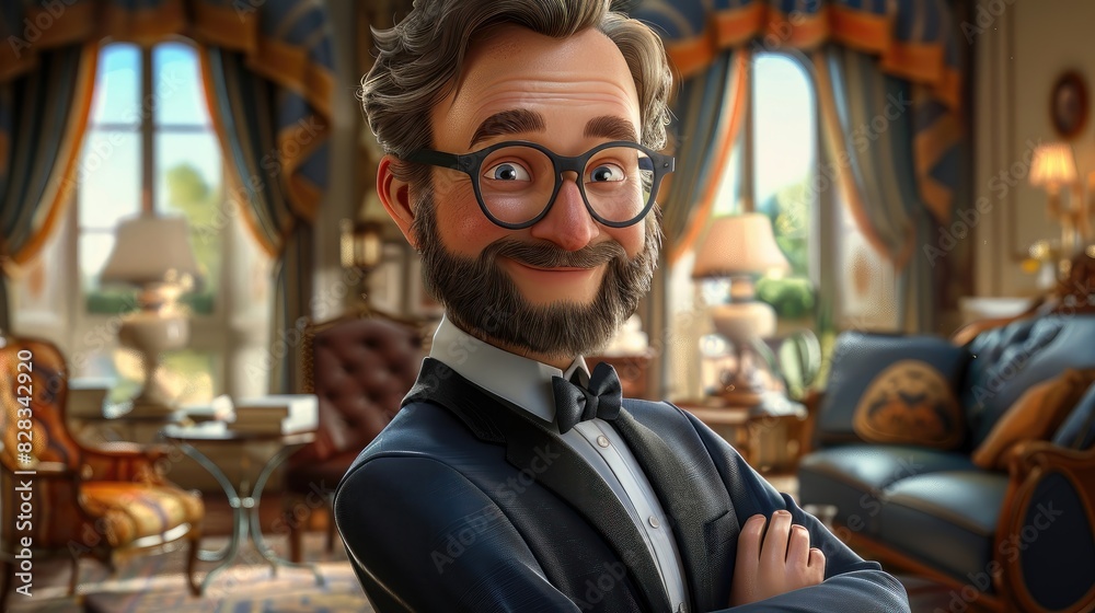 A man in a suit and glasses is standing in front of a living room