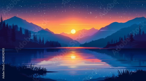 Mesmerizing Sunset over Tranquil Lake Amidst Majestic Mountains
