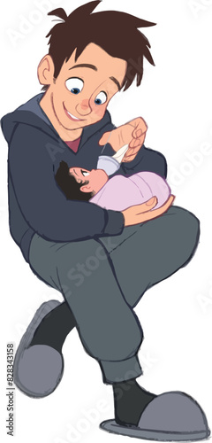 Cartoon of Cute Kids feeding Baby sibling