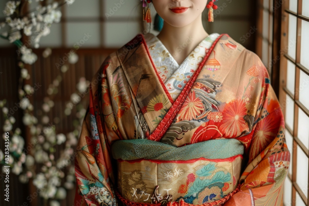 Naklejka premium Portrait of a Japanese woman wearing a kimono
