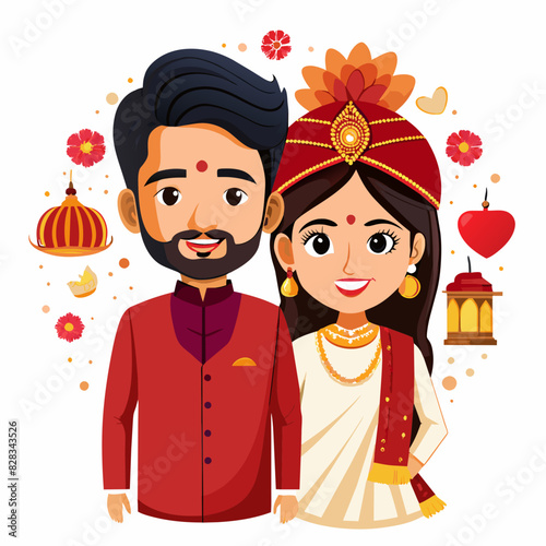  invitation card for an Indian wedding between a Kerala groom and Punjabi Hindu bride. The caricature should have a Kerala attire for the groom and north Indian attire for the bride. 