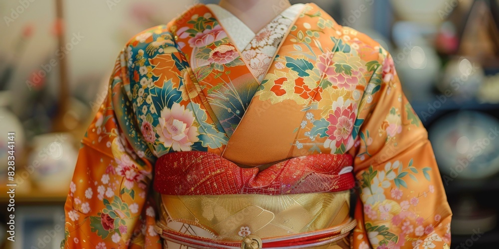 A woman wearing a kimono with floral patterns A woman wearing a kimono with floral patterns