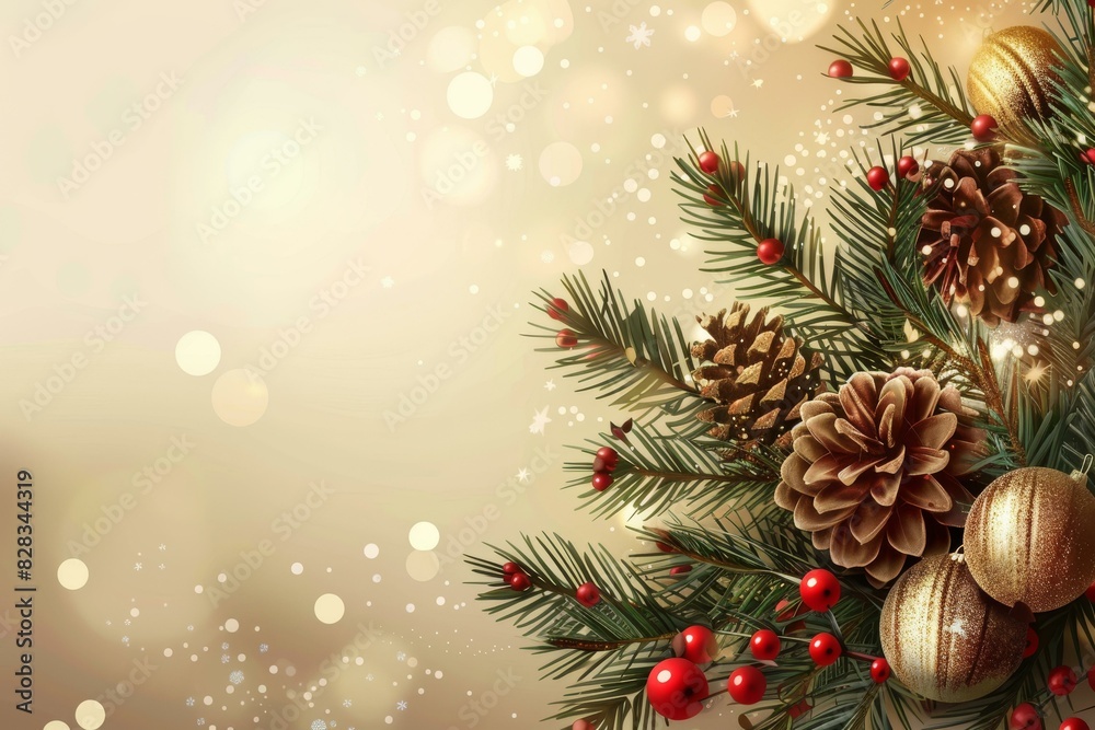 Christmas Background with Fir Branches, Pine Cones and Berries