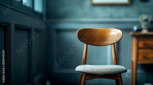 Simple wooden chair in a minimalistic  dark room setting.