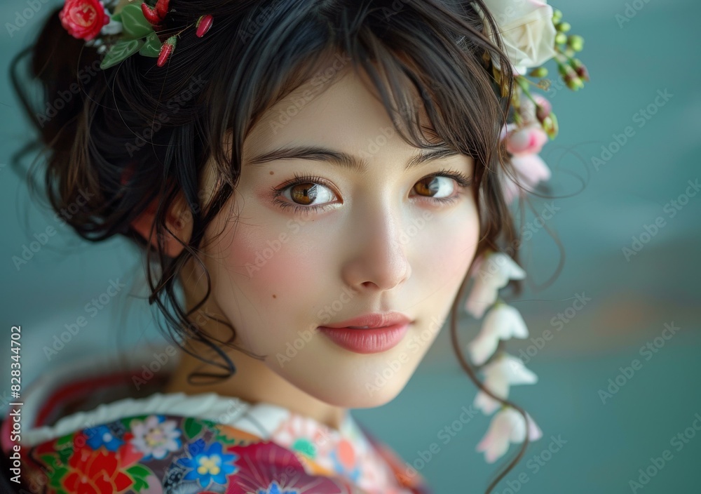 Naklejka premium portrait of a beautiful asian woman in traditional japanese kimono with flowers in her hair