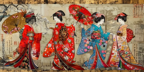 Five Japanese women in traditional kimono with red, blue and white umbrella