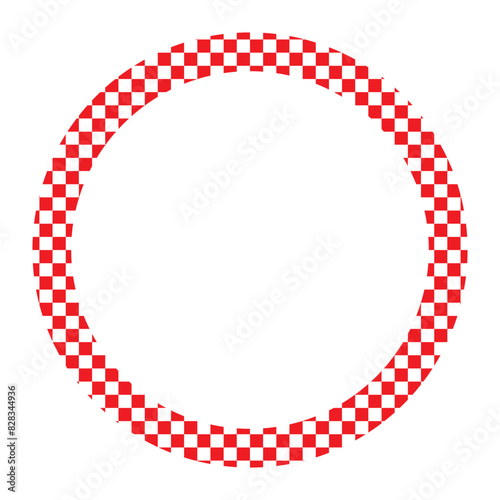 Checkered circle frame. Circle frame with checkerboard geometric pattern. Round chess border with black and white square pattern. Round race frame. Vector illustration on white background.