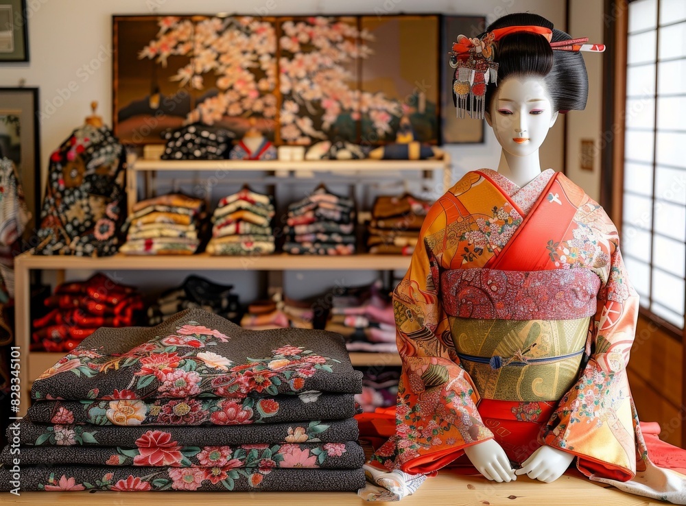 A traditional Japanese kimono with floral patterns and a mannequin wearing it A traditional Japanese kimono with floral patterns and a mannequin wearing it