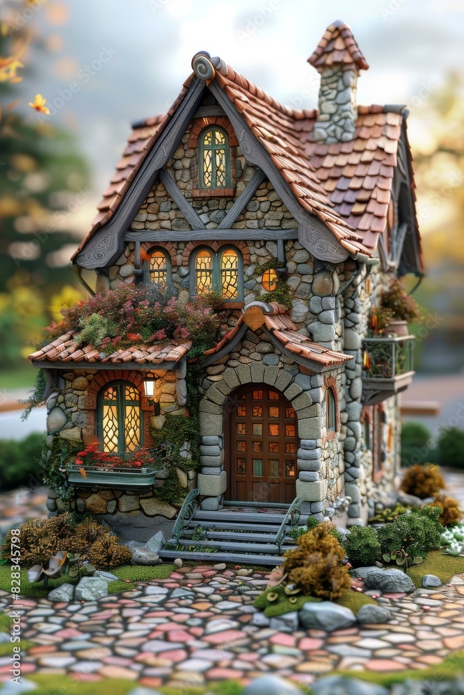Fototapeta premium A cute stone cottage with a brown roof and a small garden