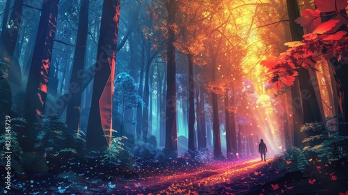 Mystical autumn forest with a glowing path leading into the distance
