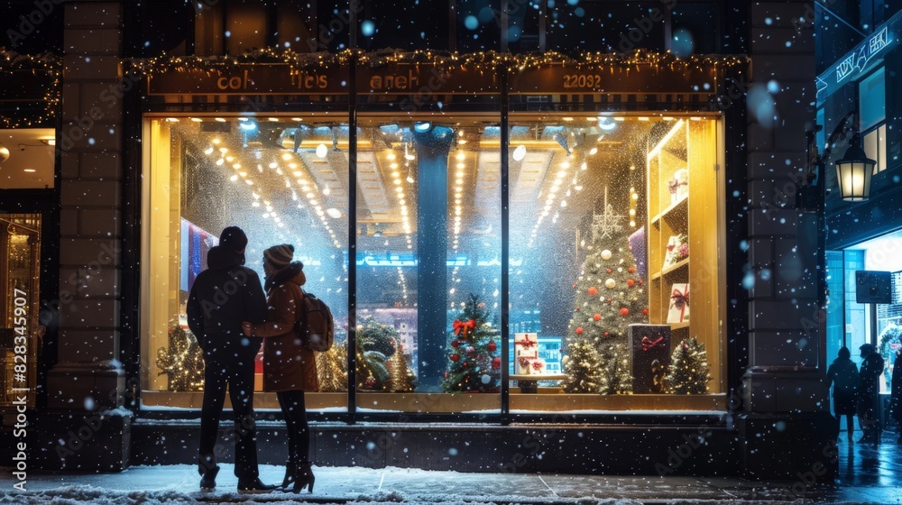 A couple standing the the left holding each other, looking at a Christmas display in department store in big city at night
