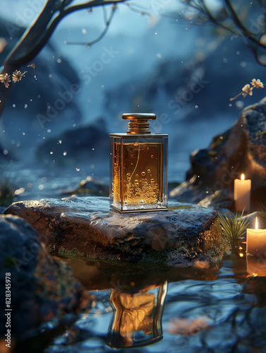 there is a bottle of perfume sitting on a rock in the water