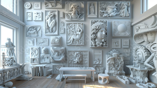 there are many sculptures on the wall in this room photo