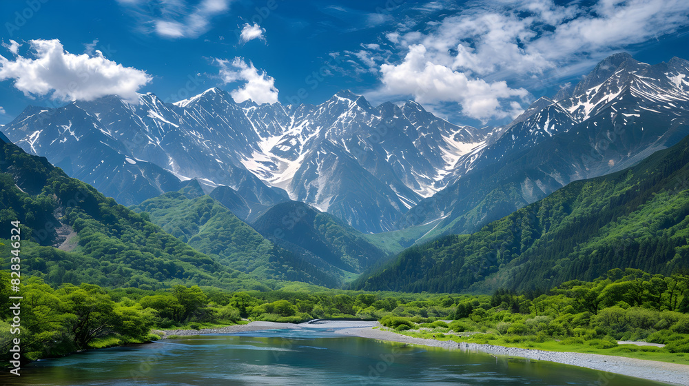 Majestic Mountain Range with Snow-Capped Peaks and Serene River under Clear Blue Sky